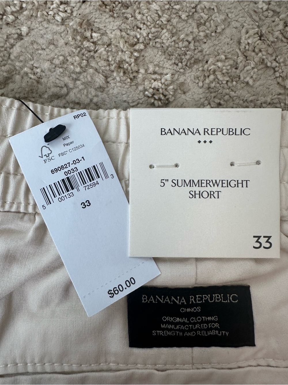 Banana Republic Men's Cream Elastic Waist Drawstring Shorts Size 33 5” inseam - Picture 3 of 3